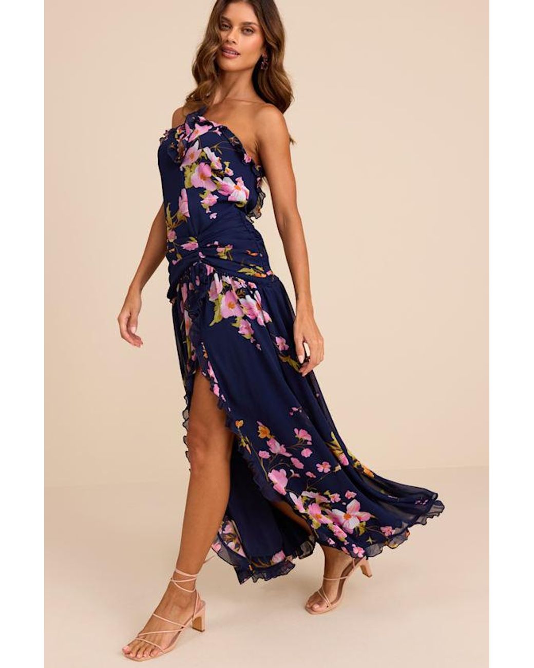 Lulus Blue Alayda Floral Asymmetrical Ruffled Maxi Dress