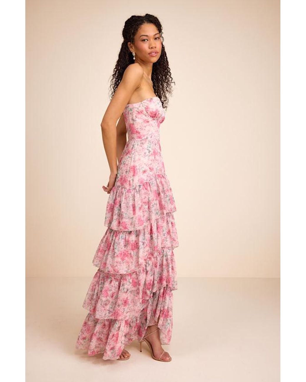 Lulus Pink Dessie Floral Tiered Maxi Dress