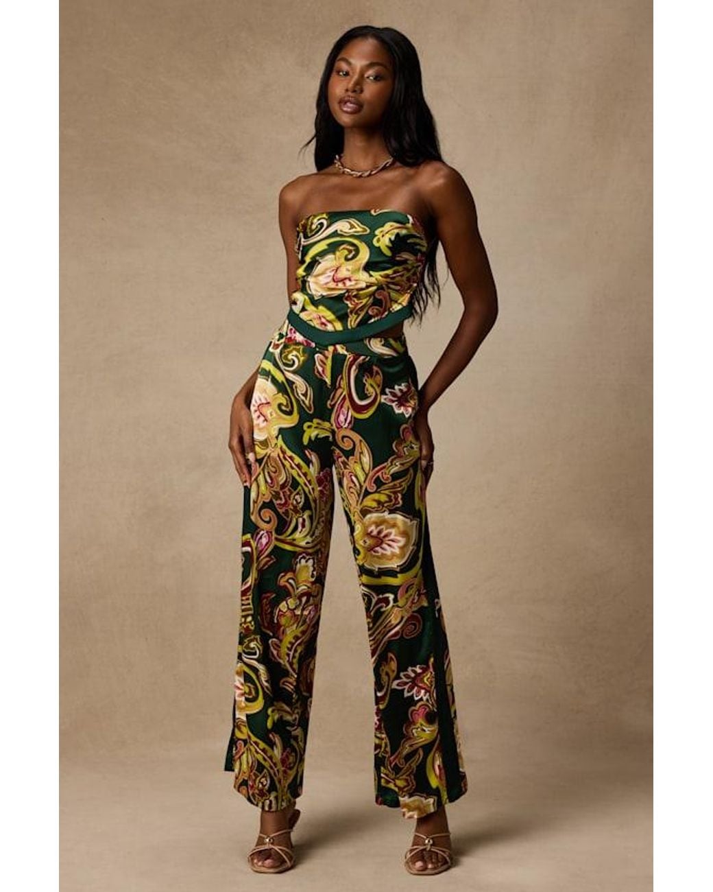 Lulus Green Marissa Boho Satin Tie-Back Two-Piece Jumpsuit