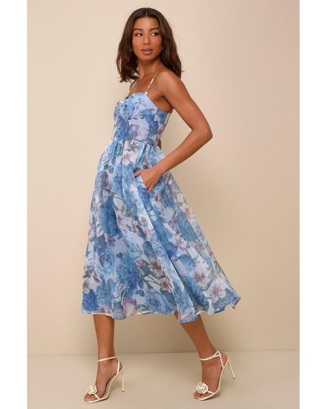 Lulus Blue Cherished Aura Multi Floral Organza Bustier Midi Dress