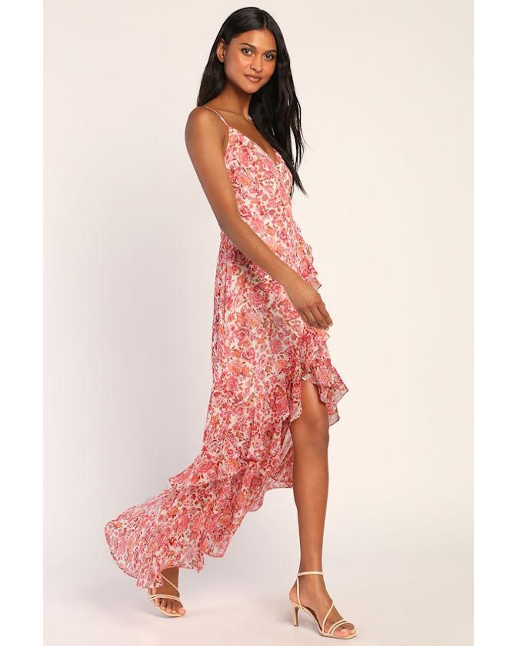 Lulus Red Always Enchanting Floral Metallic Ruffled High-Low Dress