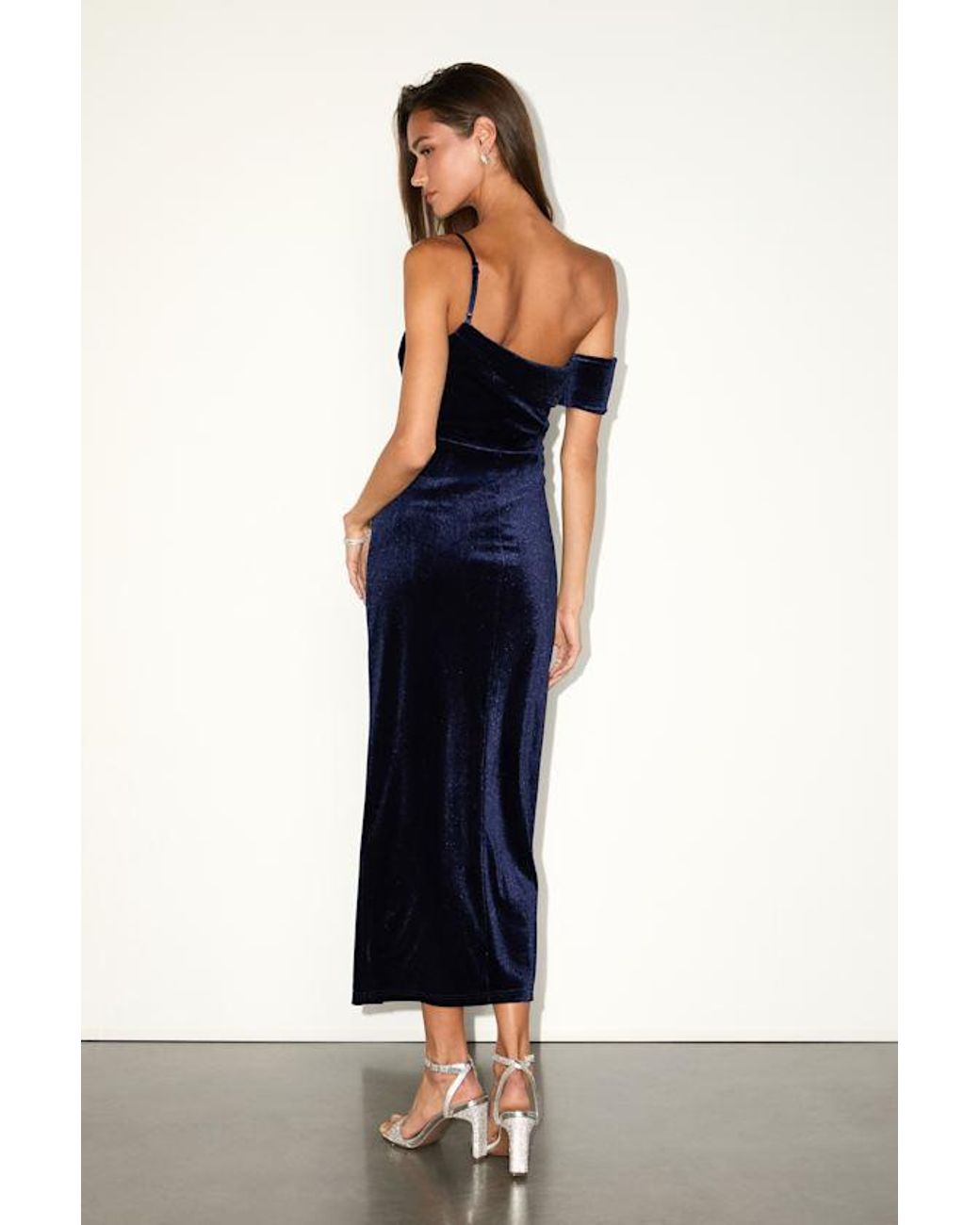 Lulus Blue Showing Off A Little Velvet Asymmetrical Tulip Midi Dress