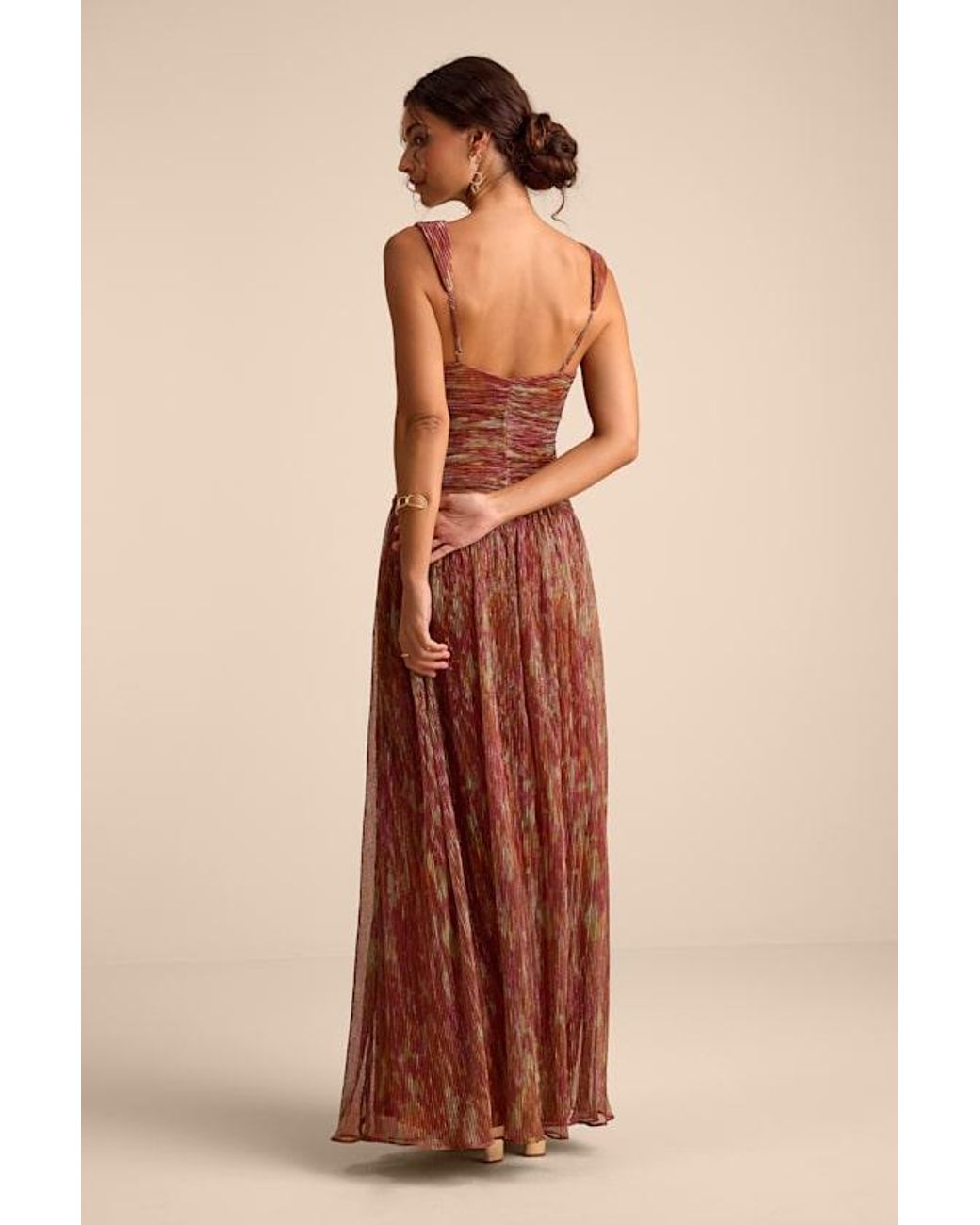 Lulus Red Evaluna Rust Abstract Print Lurex Pleated Maxi Dress
