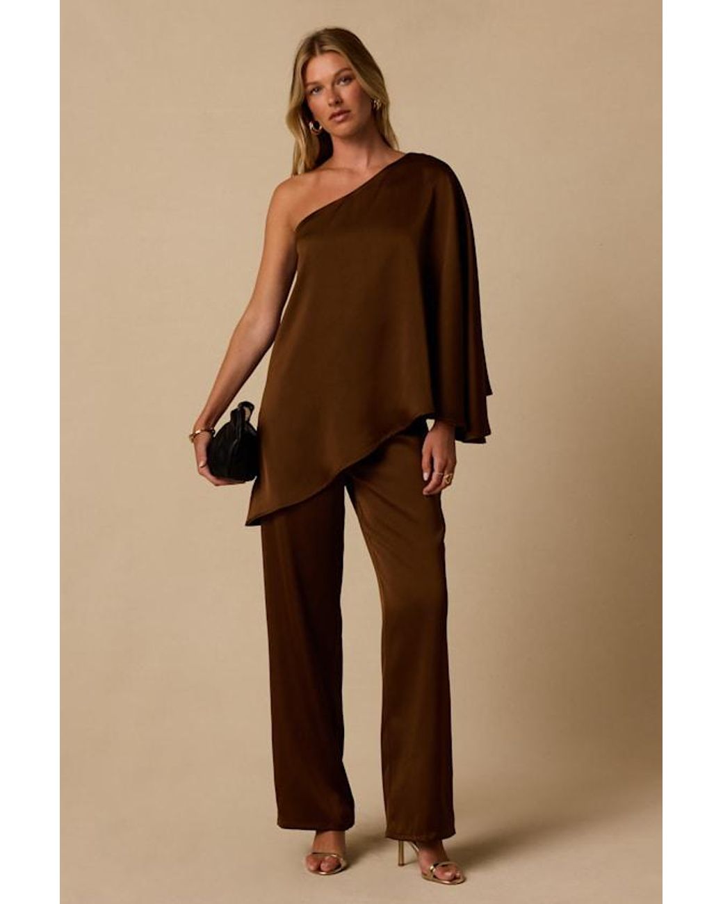 Lulus Brown Winona Satin One-Shoulder Top