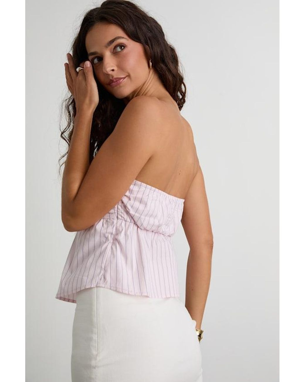 Lulus White Natalie Pinstripe Strapless Peplum Top