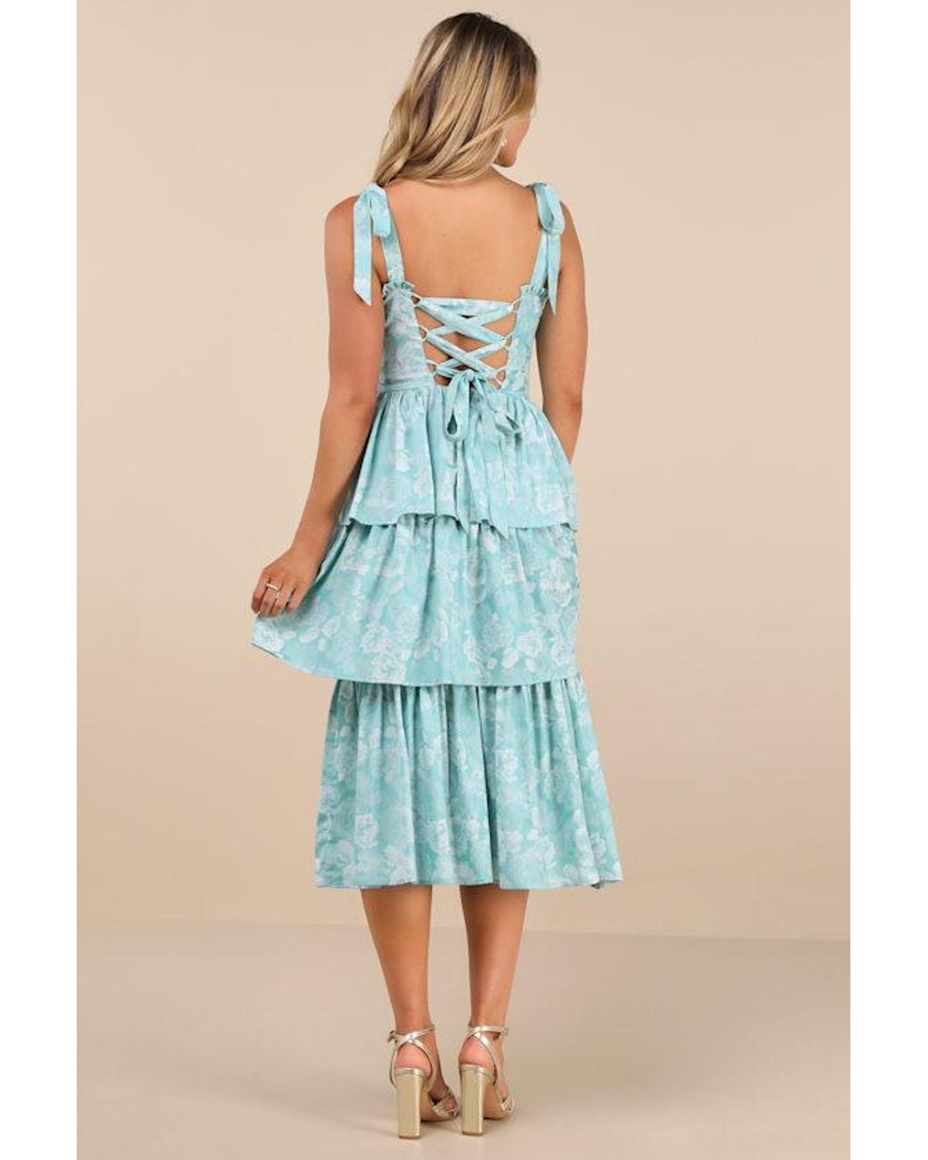 Lulus Blue Lovely Bliss Aqua Floral Jacquard Strapless Bustier Midi Dress