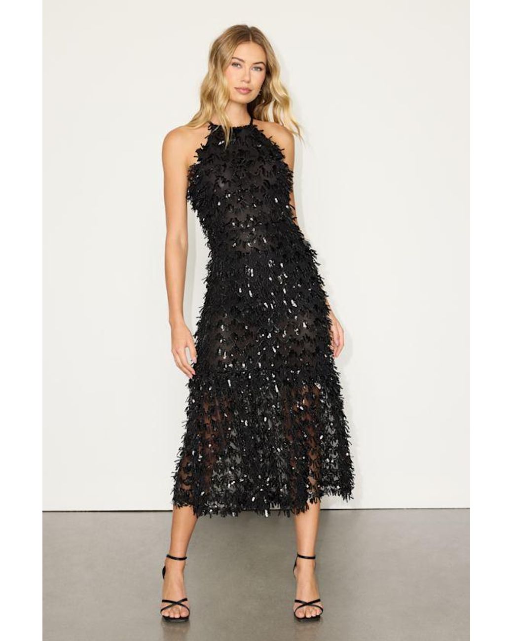 Lulus Black Fallon Sequin Halter Midi Dress