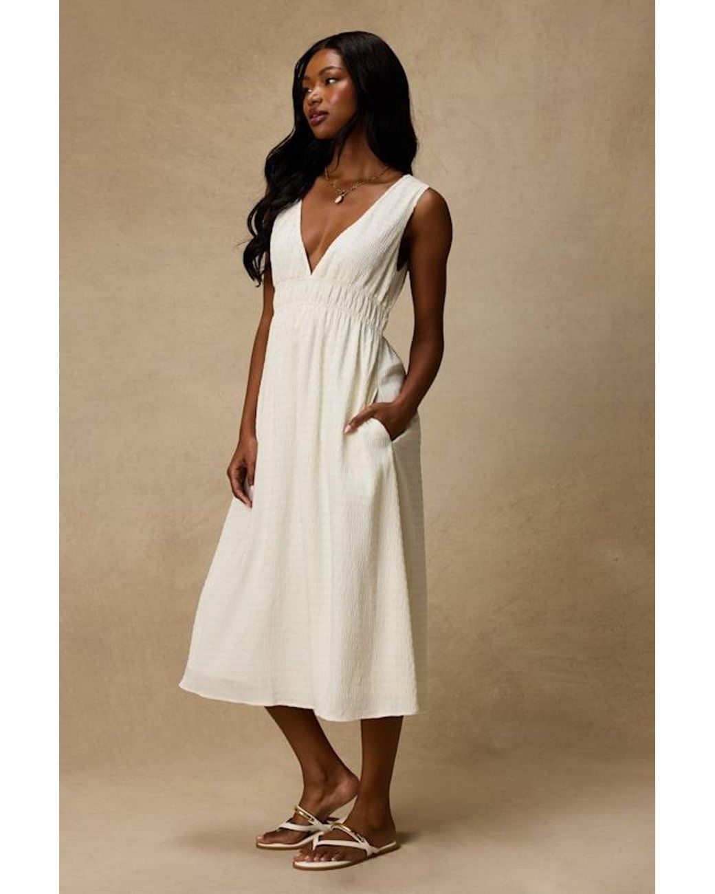 Lulus Natural Anamaya Textured V-Neck Midi Dress