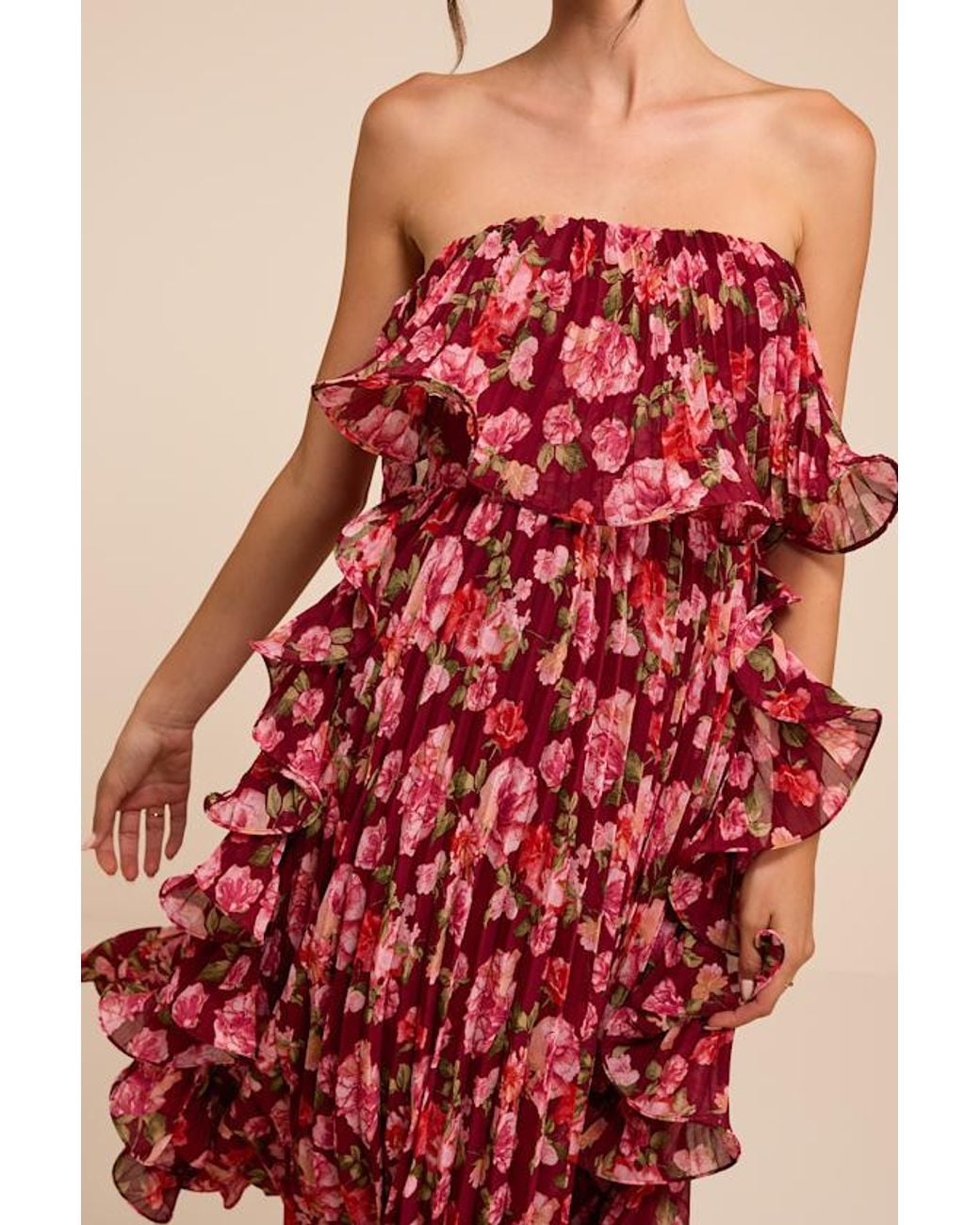 Lulus Red Andri Floral Pleated Ruffled Midi Dress