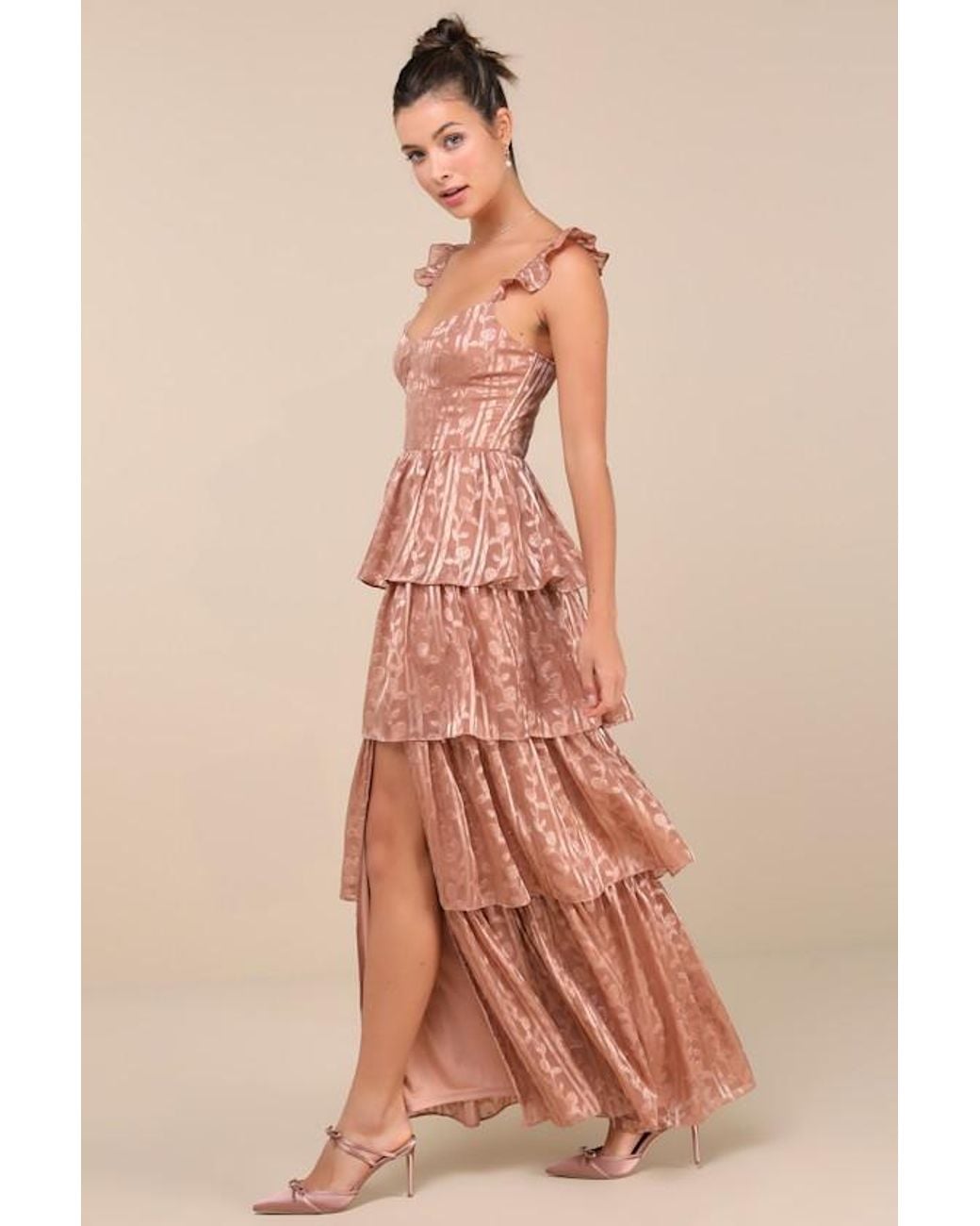 Lulus Pink Stunning Glory Dusty Floral Jacquard Tiered Maxi Dress