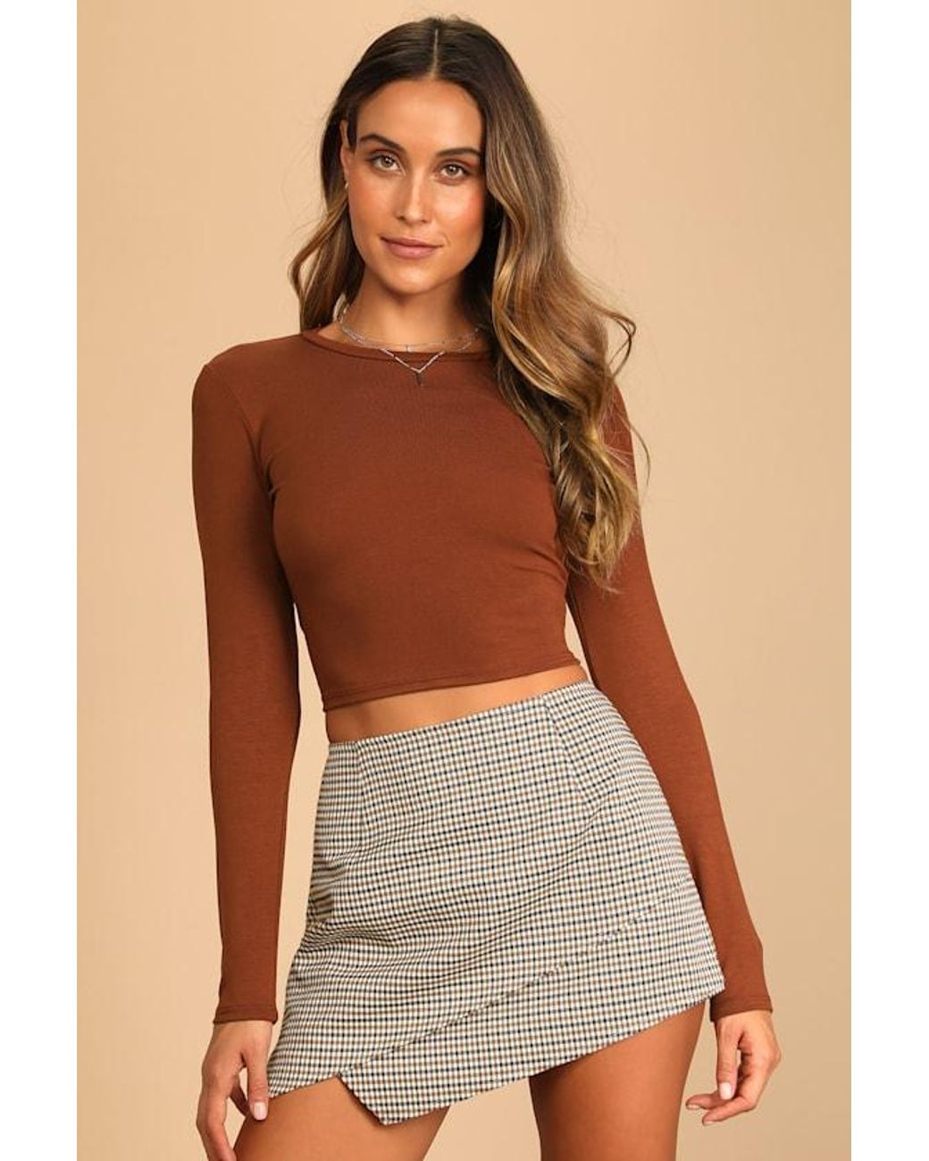 Lulus Brown Begin With The Basics Long Sleeve Crop Top
