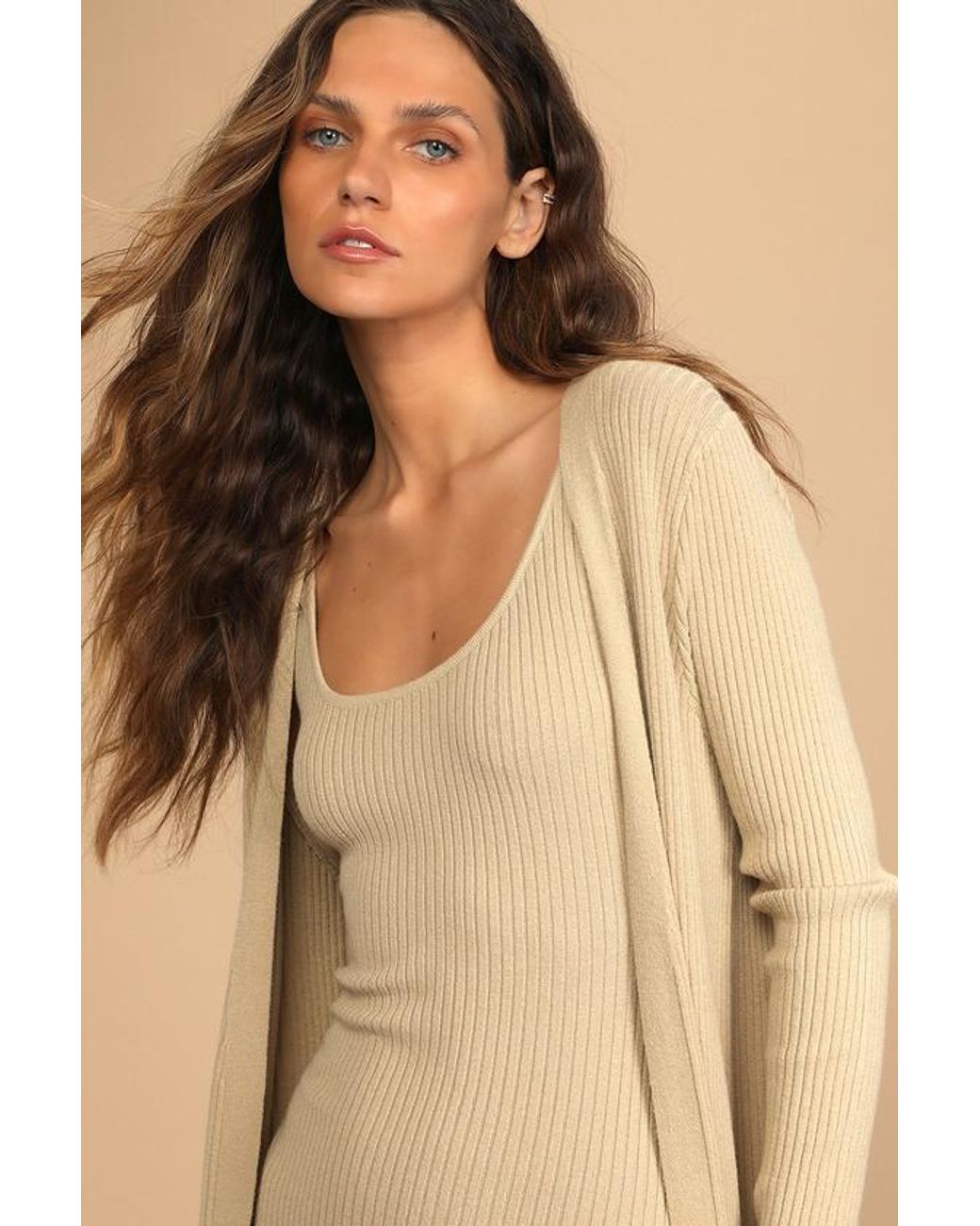 Lulus Natural Layer Lover Ribbed Knit Two-Piece Dress & Cardigan Set