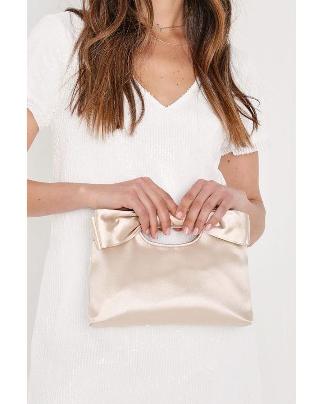 Lulus Natural Total Romantic Satin Bow Clutch