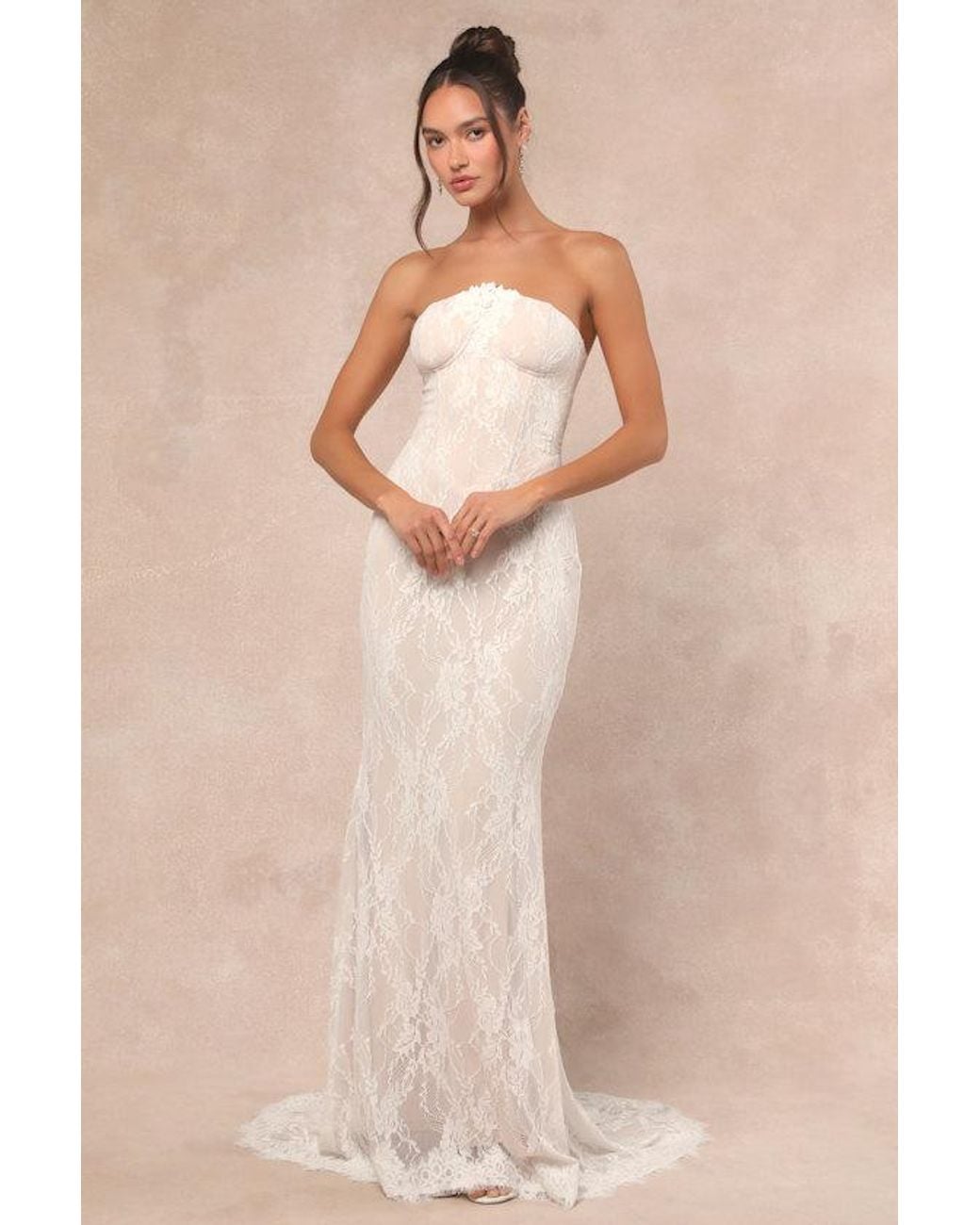 Lulus Natural Valeria Lace Strapless Bustier Maxi Dress