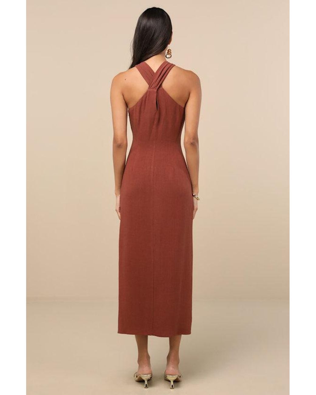 Lulus Natural Calessia Linen Halter Neck Midi Dress
