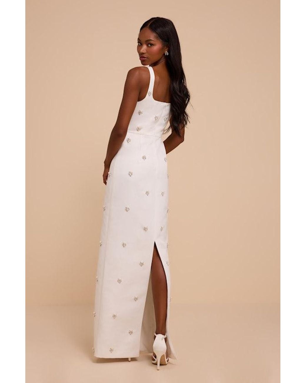Lulus Natural Naveena Satin Pearl Rhinestone Maxi Dress