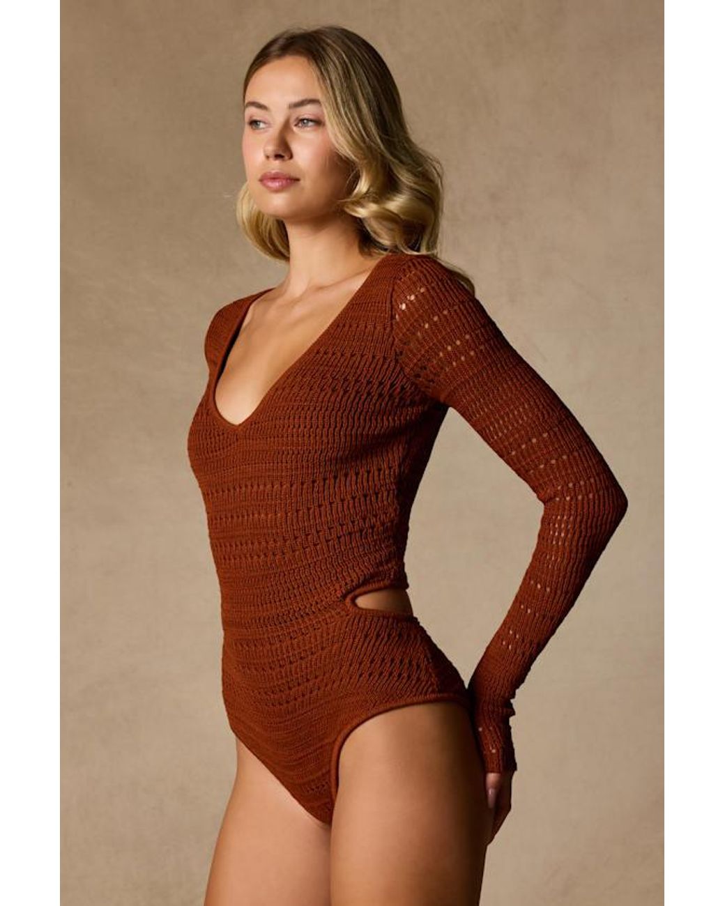 Lulus Blue Sarai Rust Crochet Knit Cutout Bodysuit