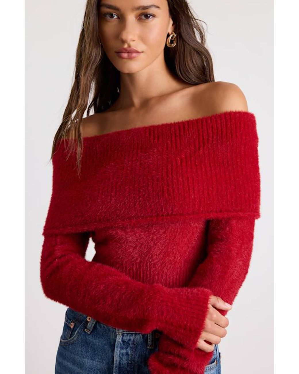 Lulus Red Ravenna Eyelash Knit Off-The-Shoulder Sweater Top