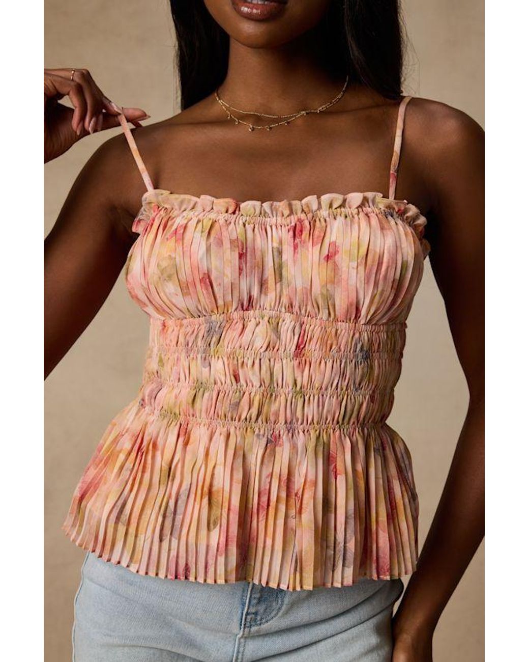 Lulus Brown Demeter Blush Multi Floral Peplum Tank Top