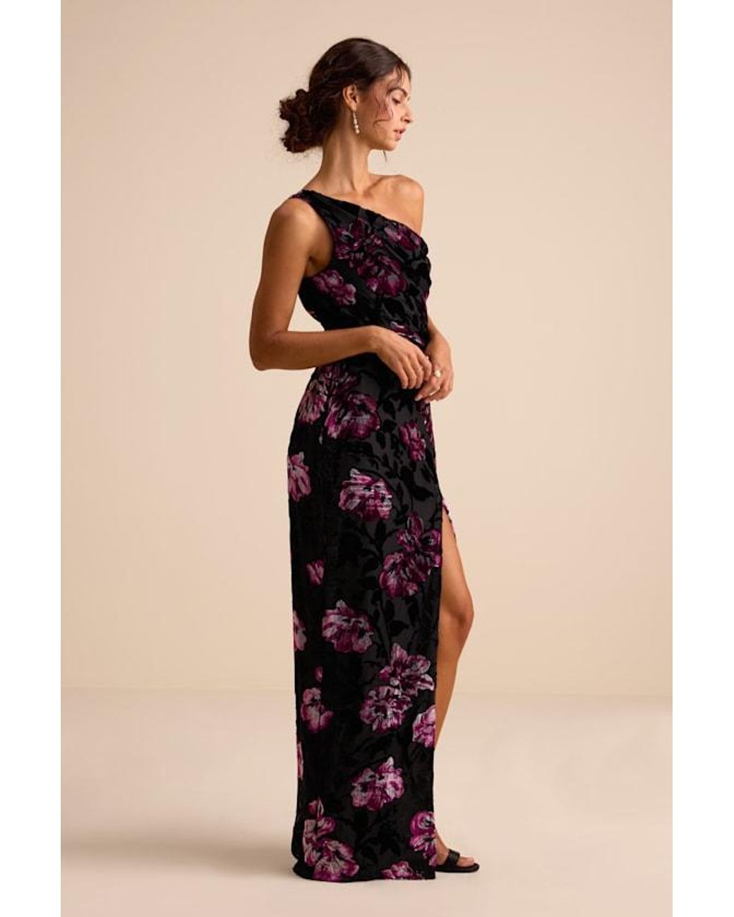 Lulus Natural Marnella Floral Velvet Burnout Asymmetrical Maxi Dress