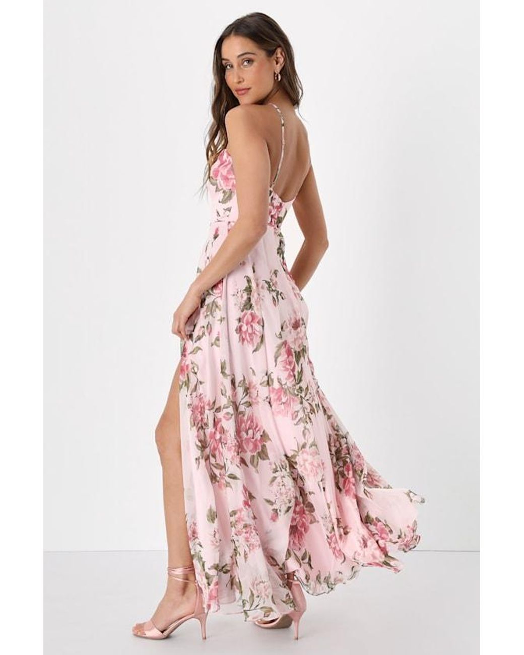 Lulus Pink Romantic Marvel Floral Print Halter Neck Maxi Dress