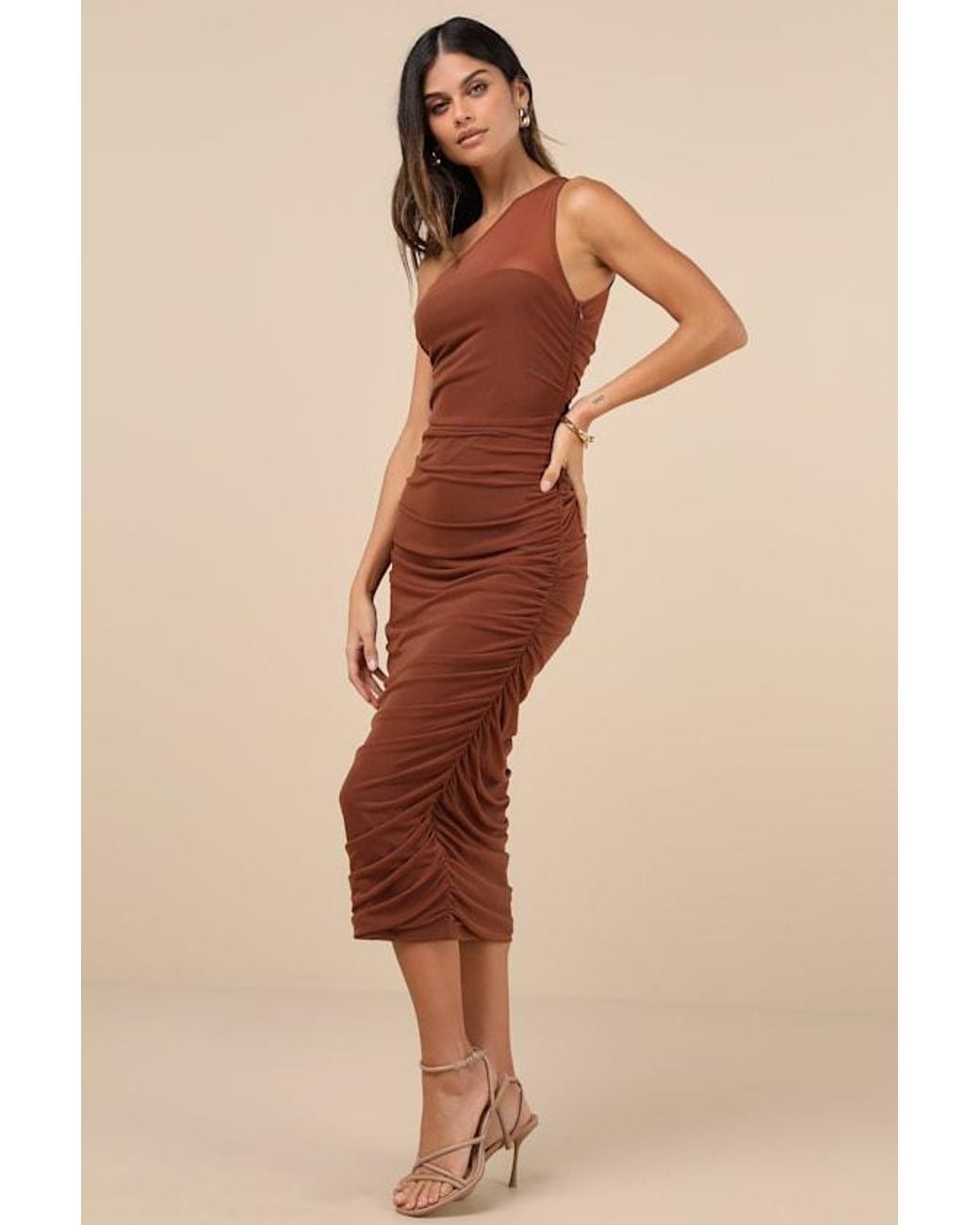 Lulus Natural Kiden Mesh Ruched One-Shoulder Midi Dress