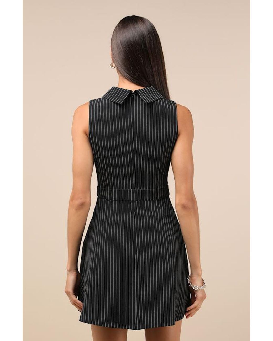 Lulus Black Totally Poised Pinstriped Collared Mini Dress With Pockets