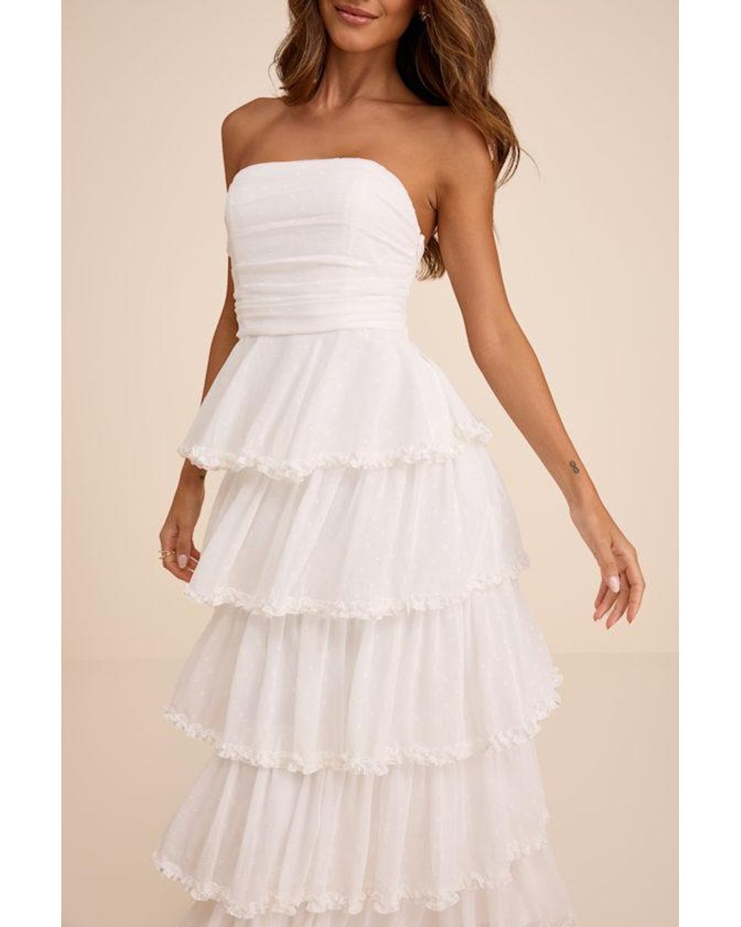 Lulus Natural Mianella Swiss Dot Tiered Maxi Dress