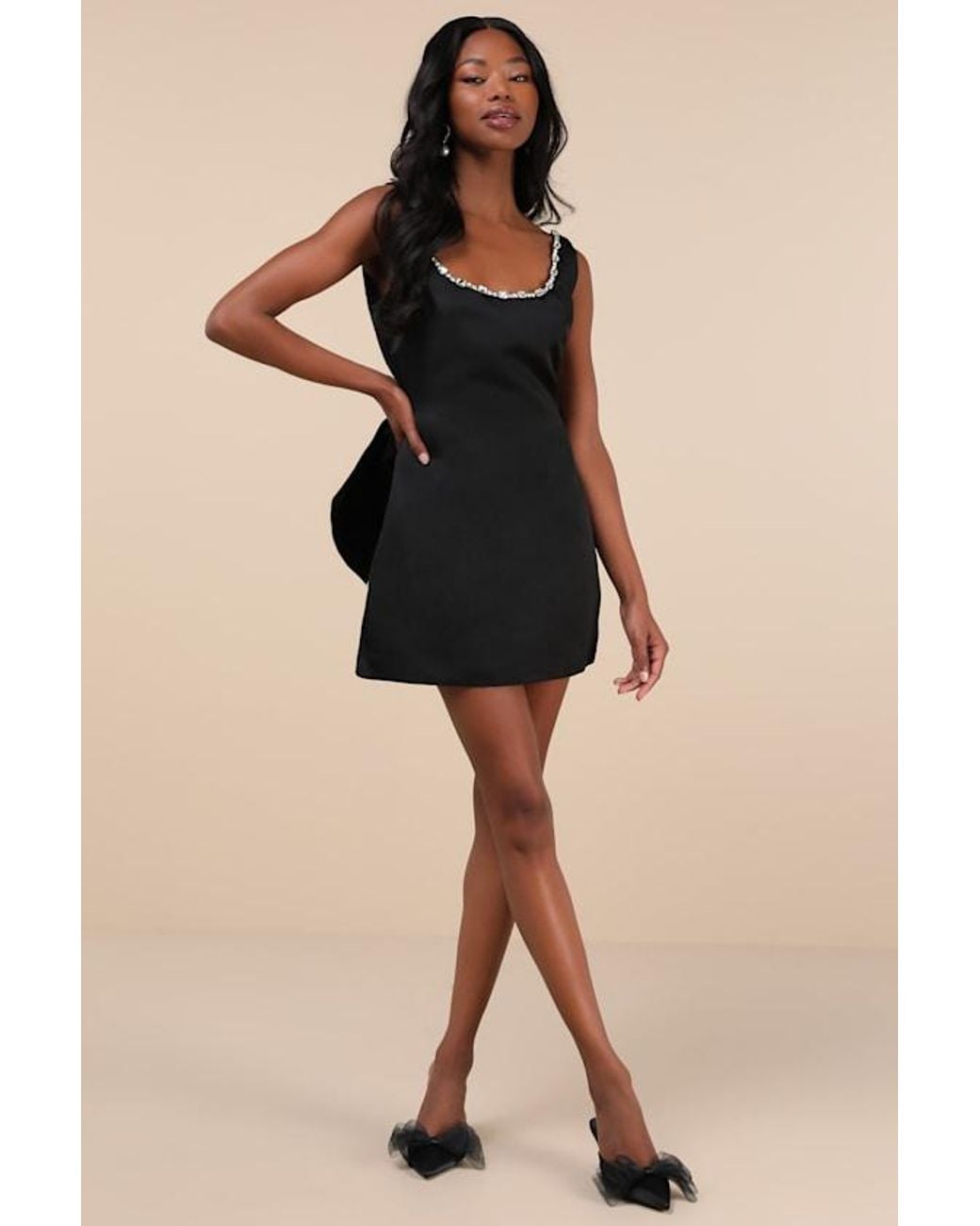 The Frolic Black Cloe Rhinestone Backless Bow Mini Dress