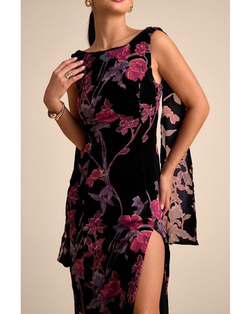 Lulus Black Liora Velvet Floral Burnout Boat Neck Sash Maxi Dress