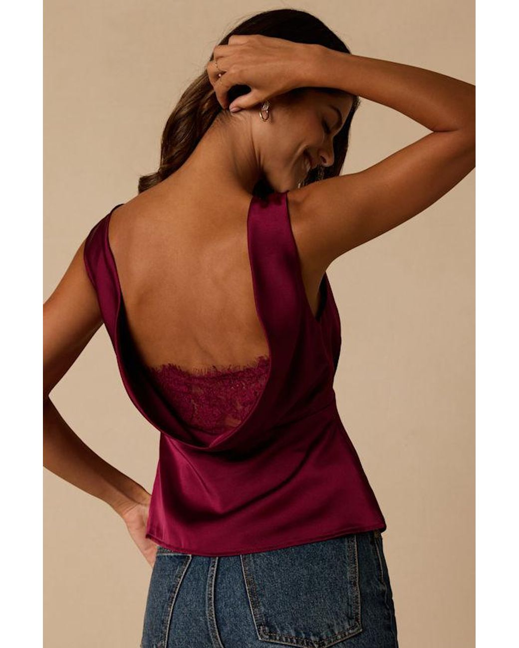 Lulus Red Arquette Wine Satin Cowl Back Tank Top