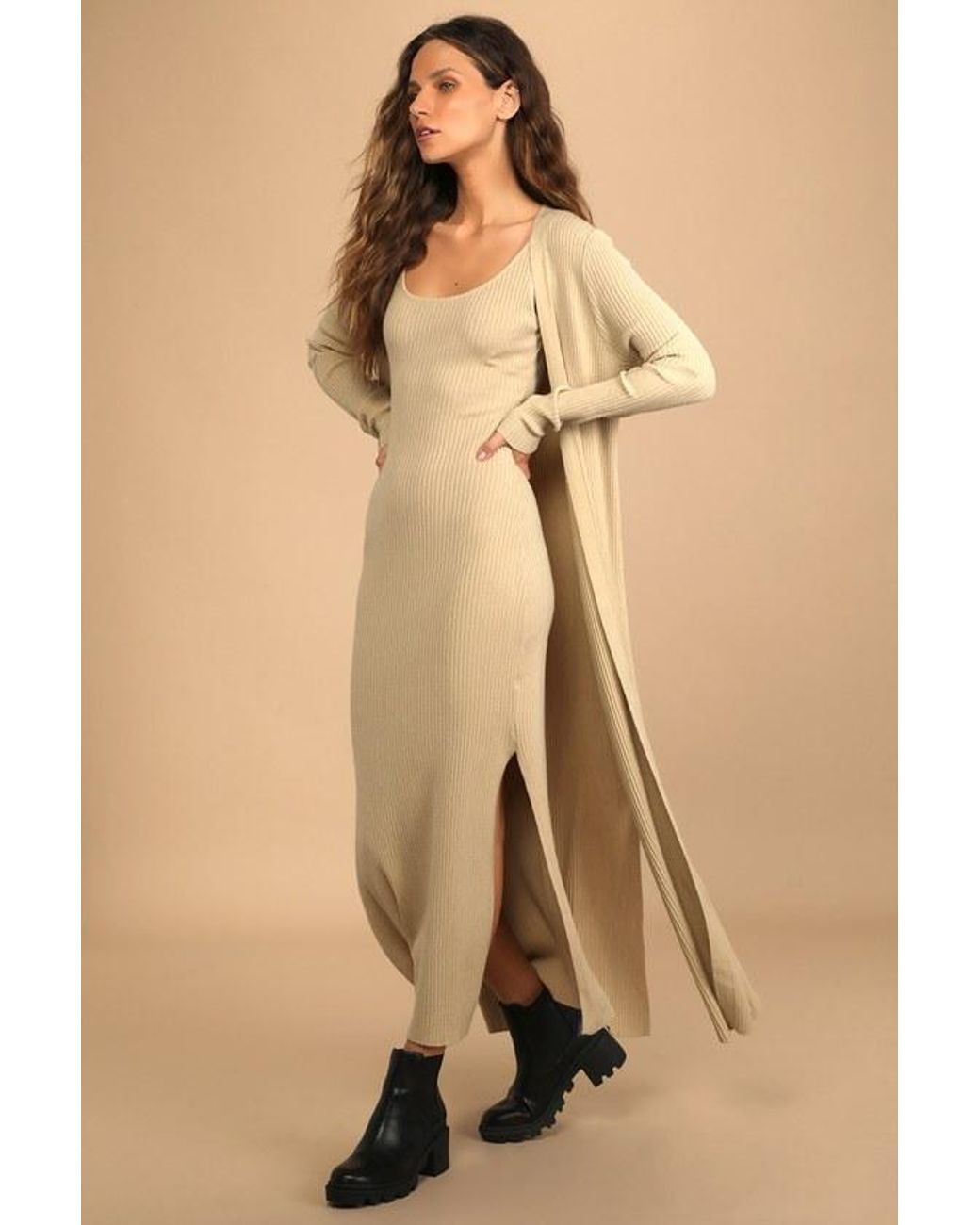 Lulus Natural Layer Lover Ribbed Knit Two-Piece Dress & Cardigan Set