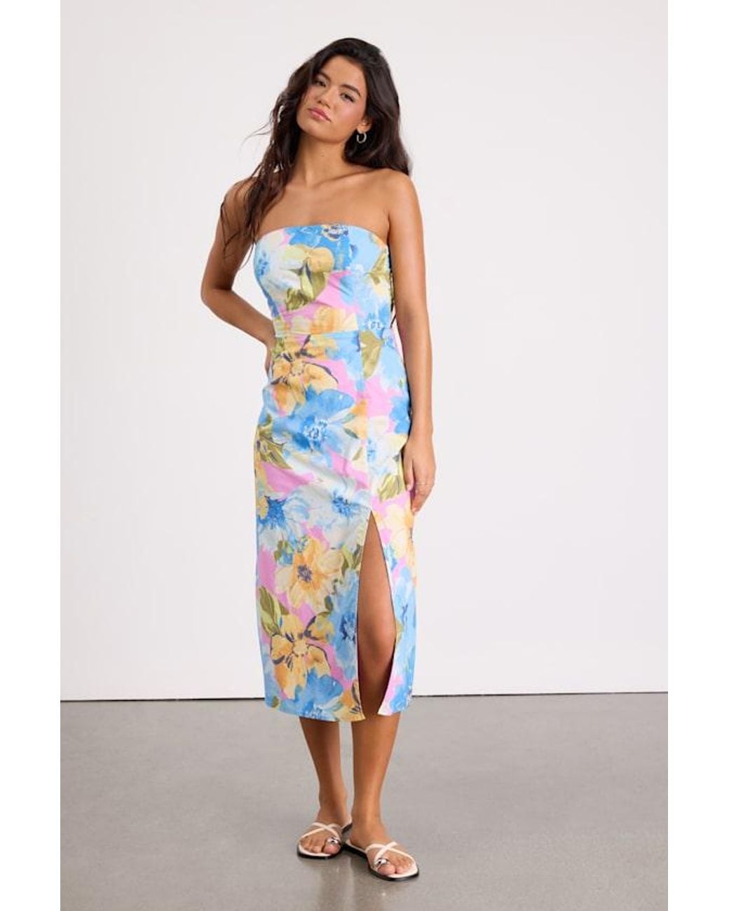 Lulus White Bold Tendencies Floral Strapless Cutout Midi Dress