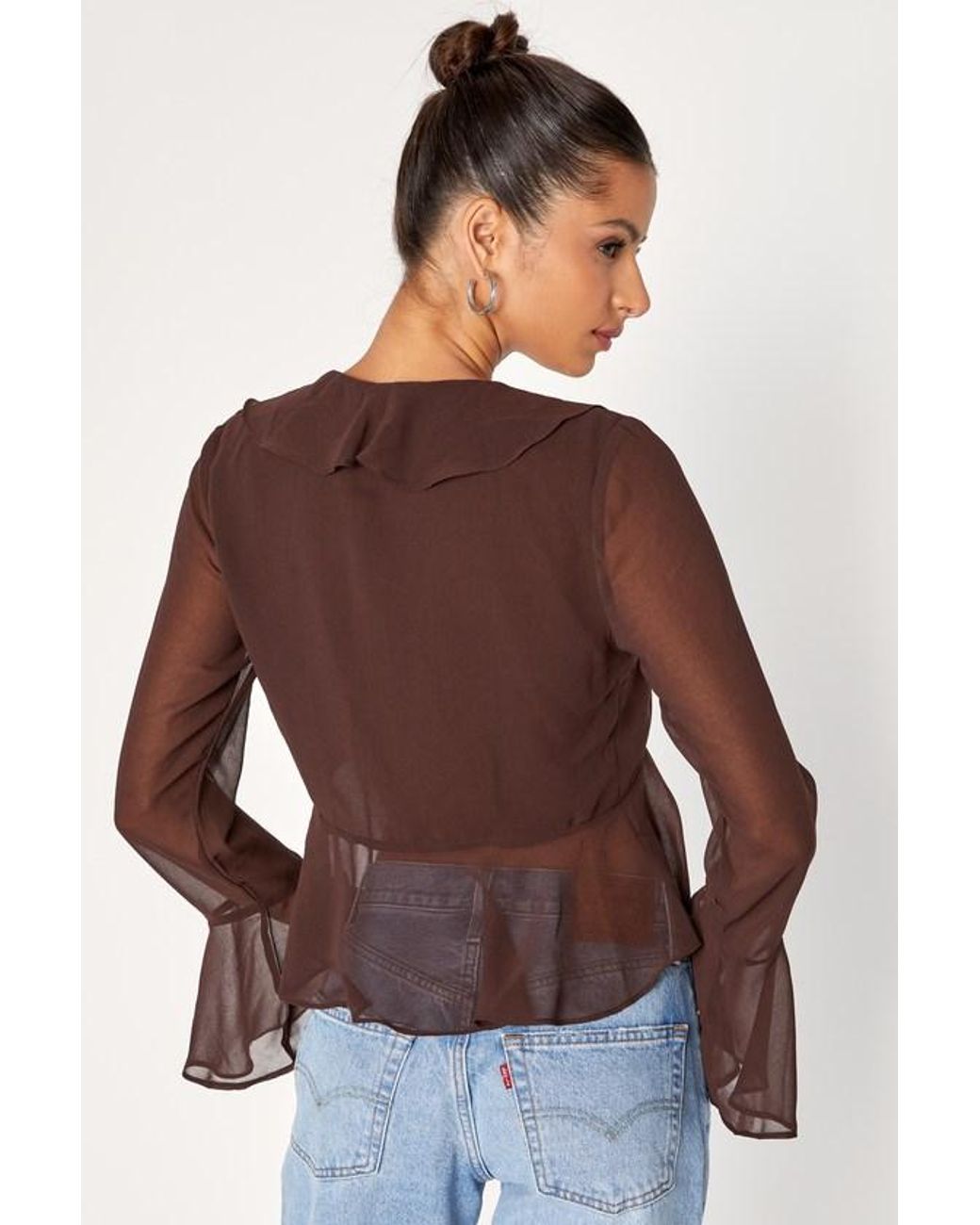Lulus Blue Thriving Flirt Chiffon Ruffled Long Sleeve Tie-Front Top