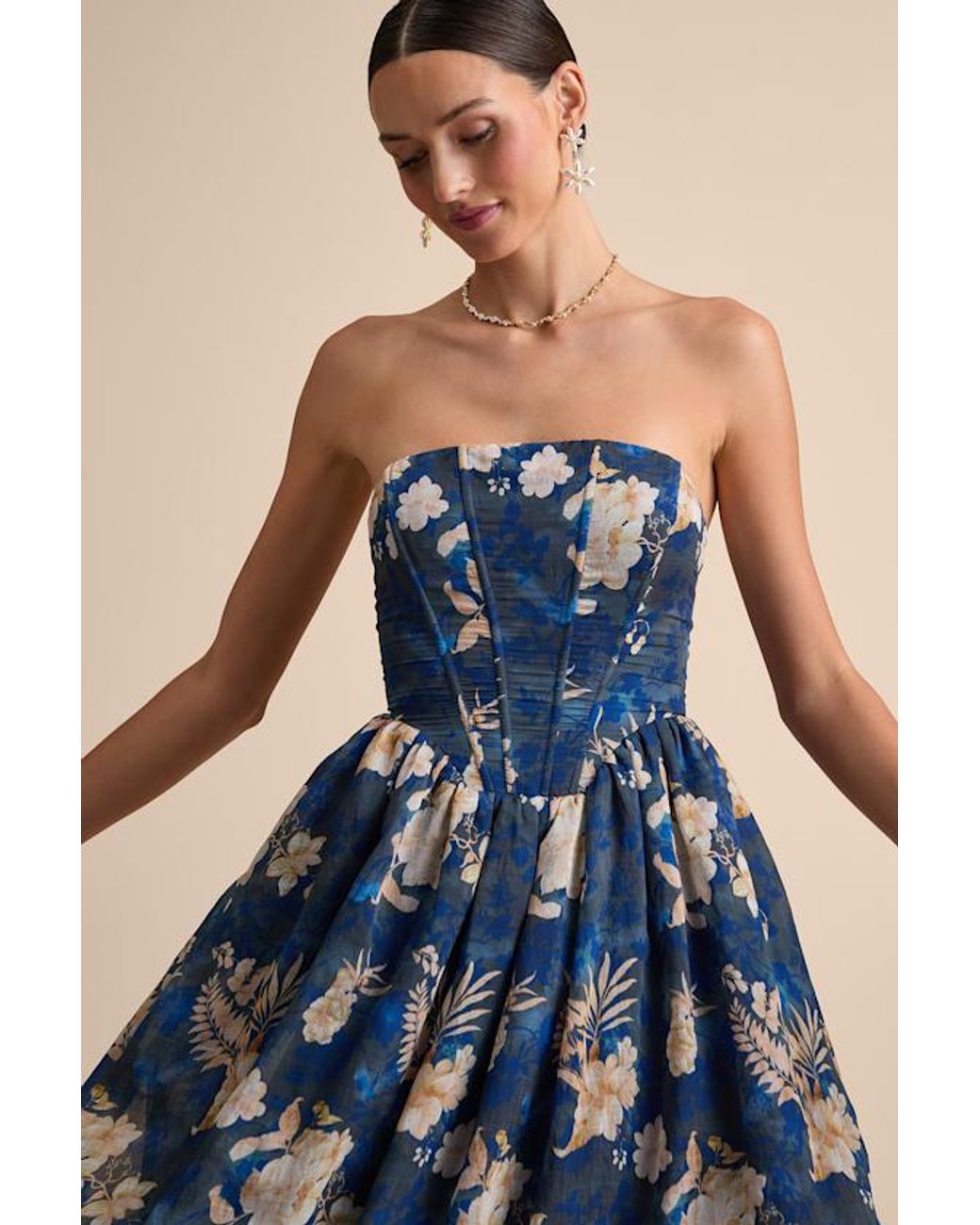 Lulus Blue Eulalia Floral Lace-Up Strapless Bustier Midi Dress
