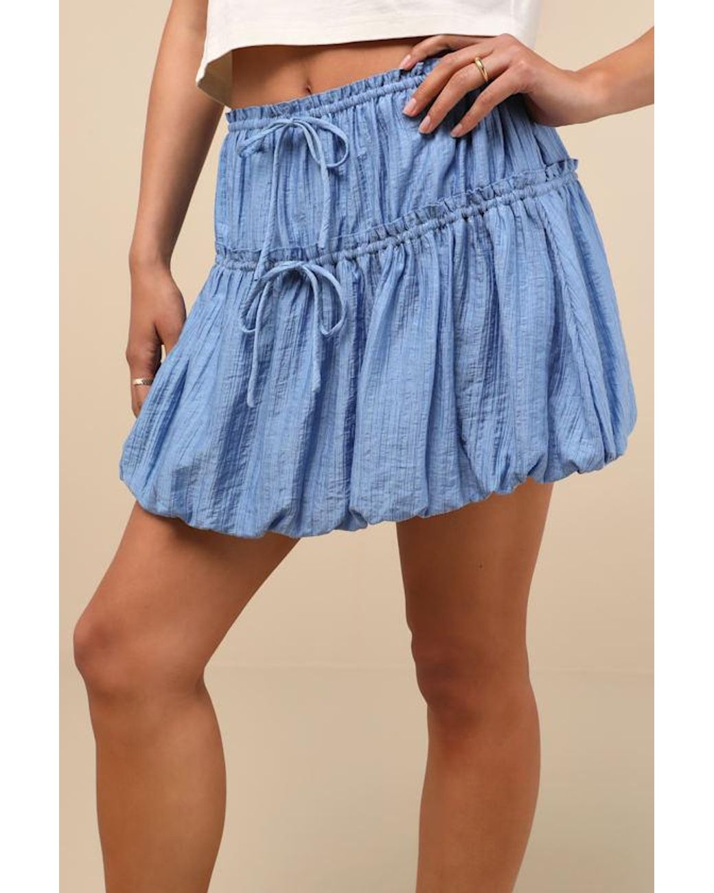 Lulus Blue Kirsty Striped Tiered Drawstring Bubble-Hem Mini Skirt