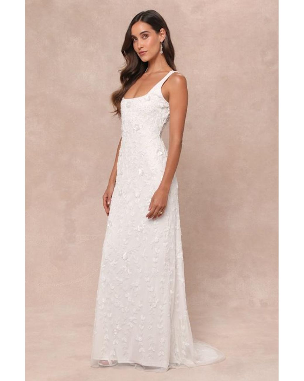 Lulus Natural Extraordinary Glamour 3D Floral Beaded Backless Maxi Dress