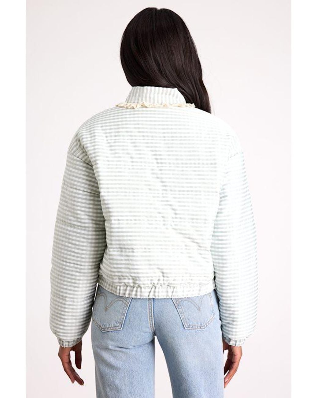 Lulus White Tamara Sage Gingham Ruffled Lace Puffer Jacket
