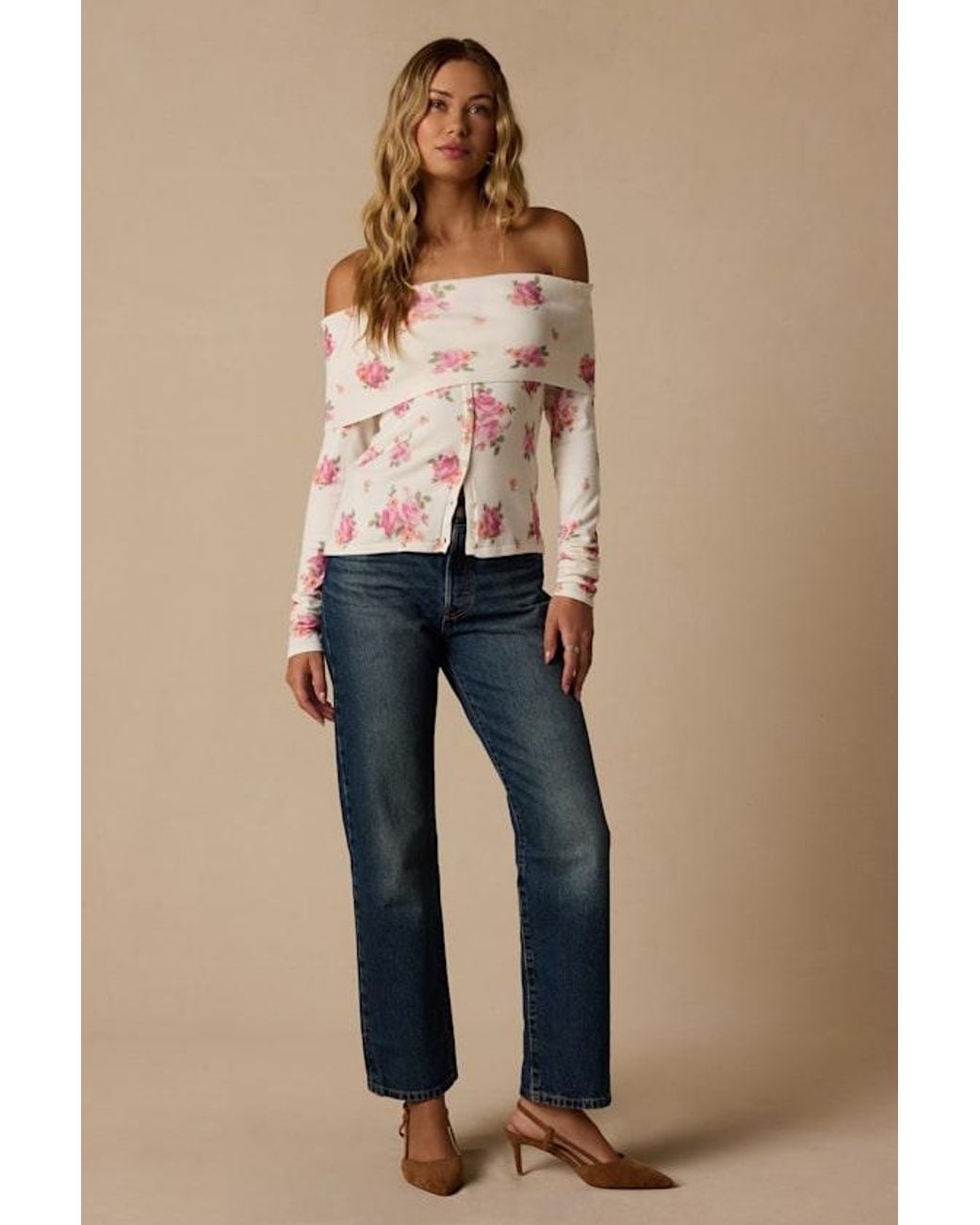 Lulus White Prina Rose Print Off-The-Shoulder Sweater Top