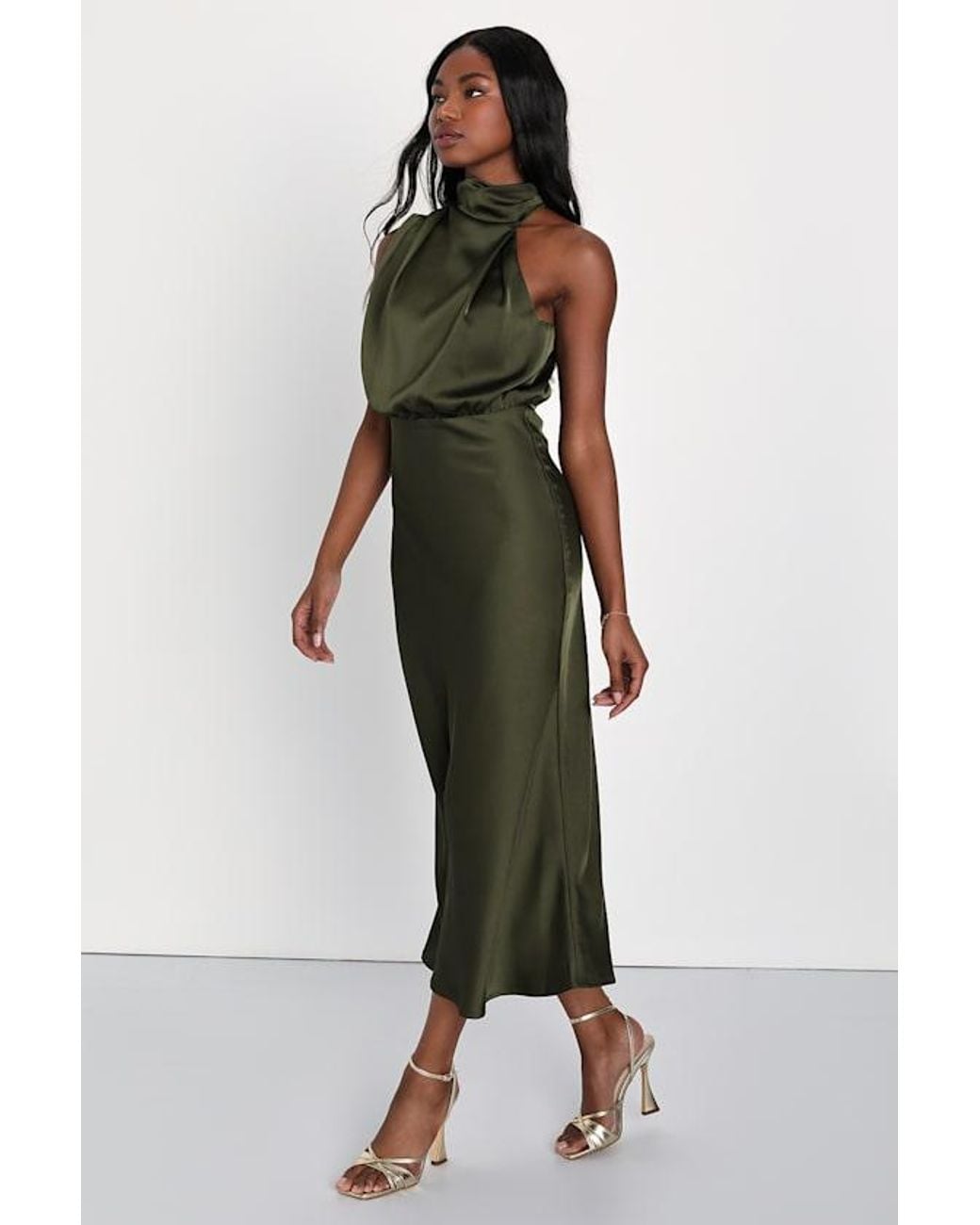 Lulus Brown Distinctive Charm Satin Asymmetrical Midi Dress