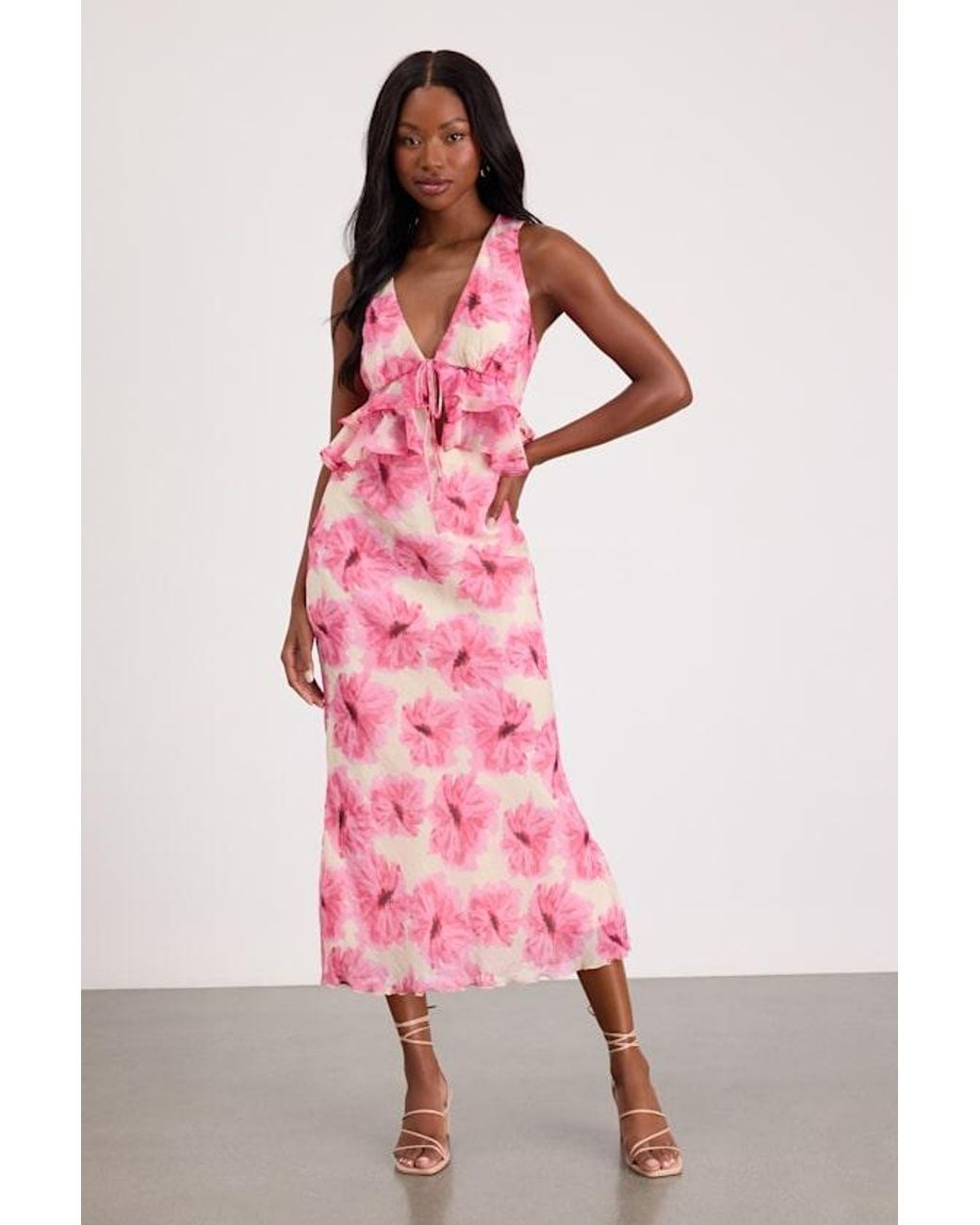 Lulus Pink Lilith Cream And Floral Ruffled Tank Top
