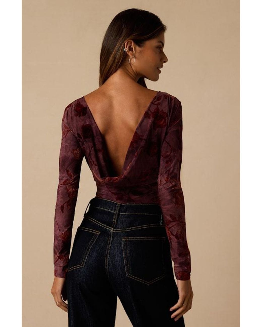 Lulus Red Micah Dark Plum Burnout Velvet Bodysuit