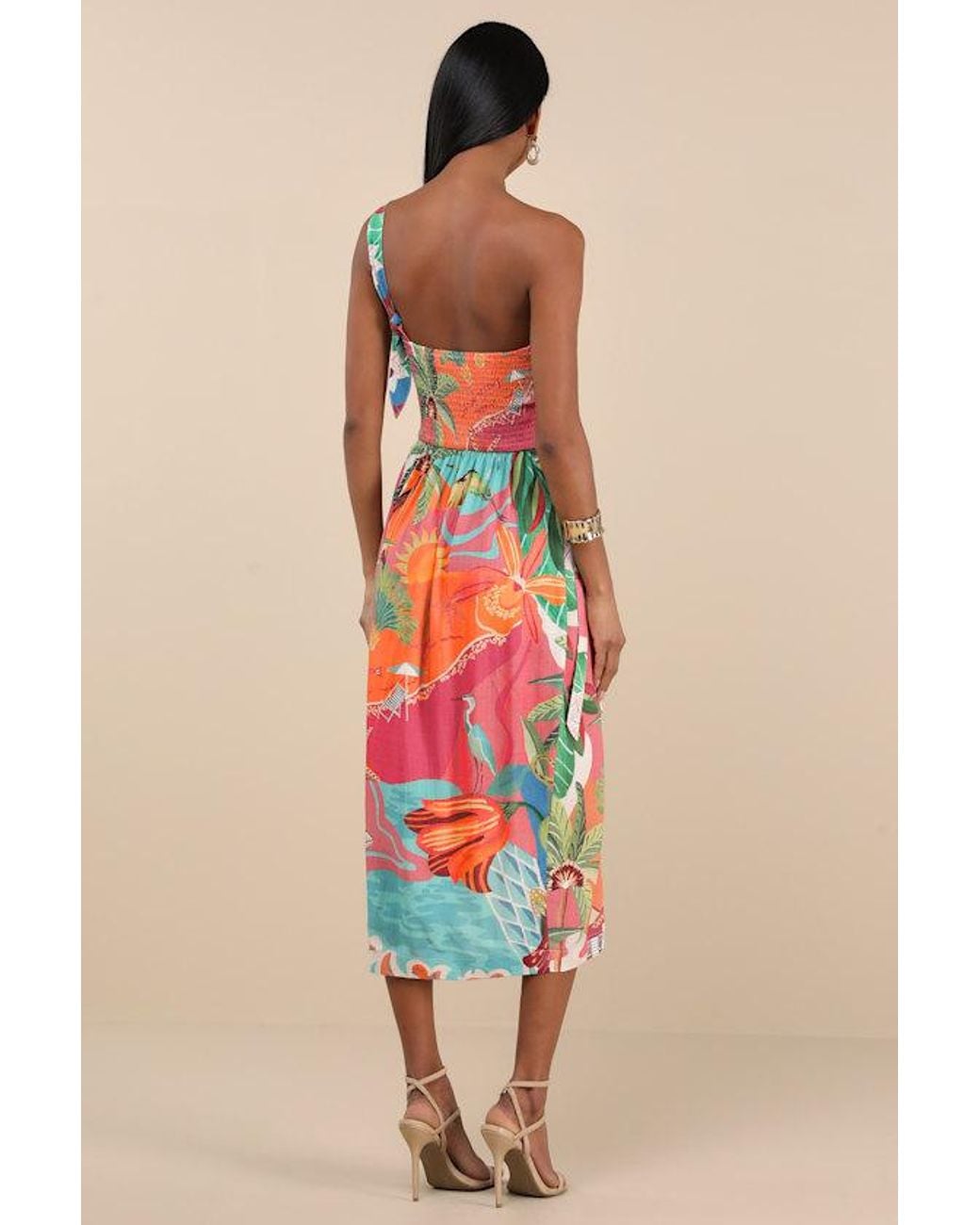 Lulus Blue Hilinai Multi Tropical Print Wrap Midi Dress