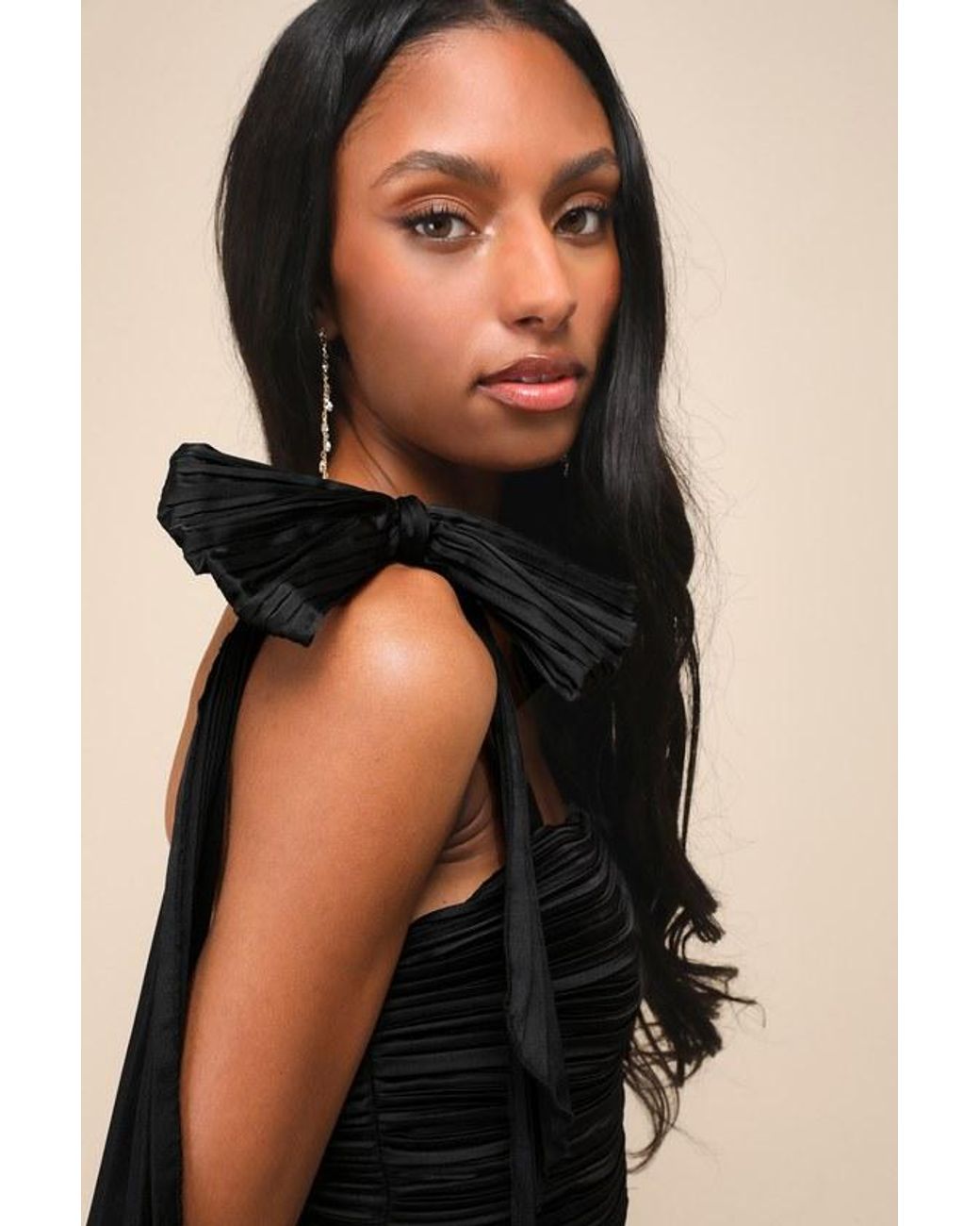 Lulus Blue Gorgeous Purpose Satin Pleated Sleeveless Bow Maxi Dress
