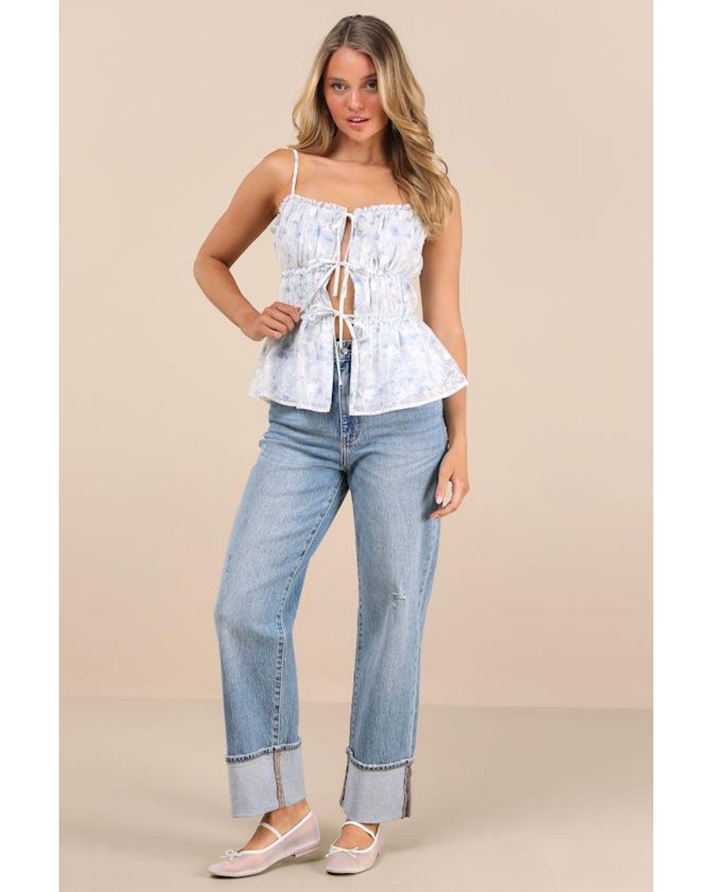 Lulus Blue Mariasole Floral Lace Tie-Front Cami Top