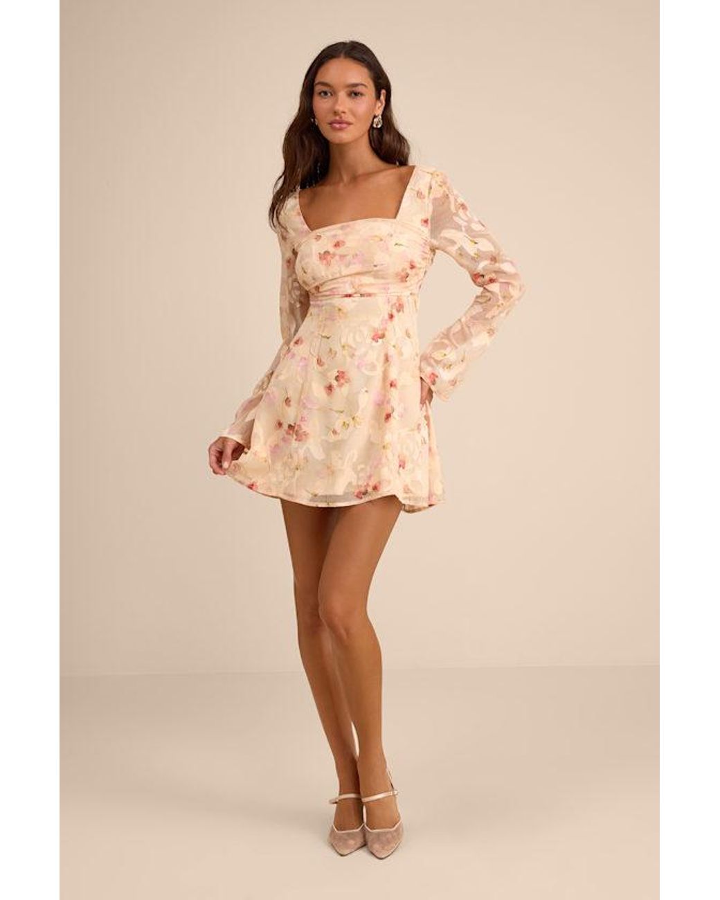 Lulus Natural Rieti Cream Floral Burnout Long Sleeve Mini Dress