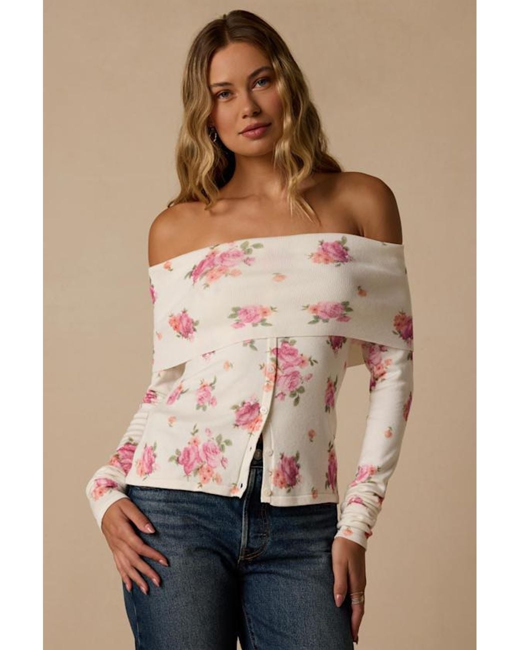 Lulus White Prina Rose Print Off-The-Shoulder Sweater Top