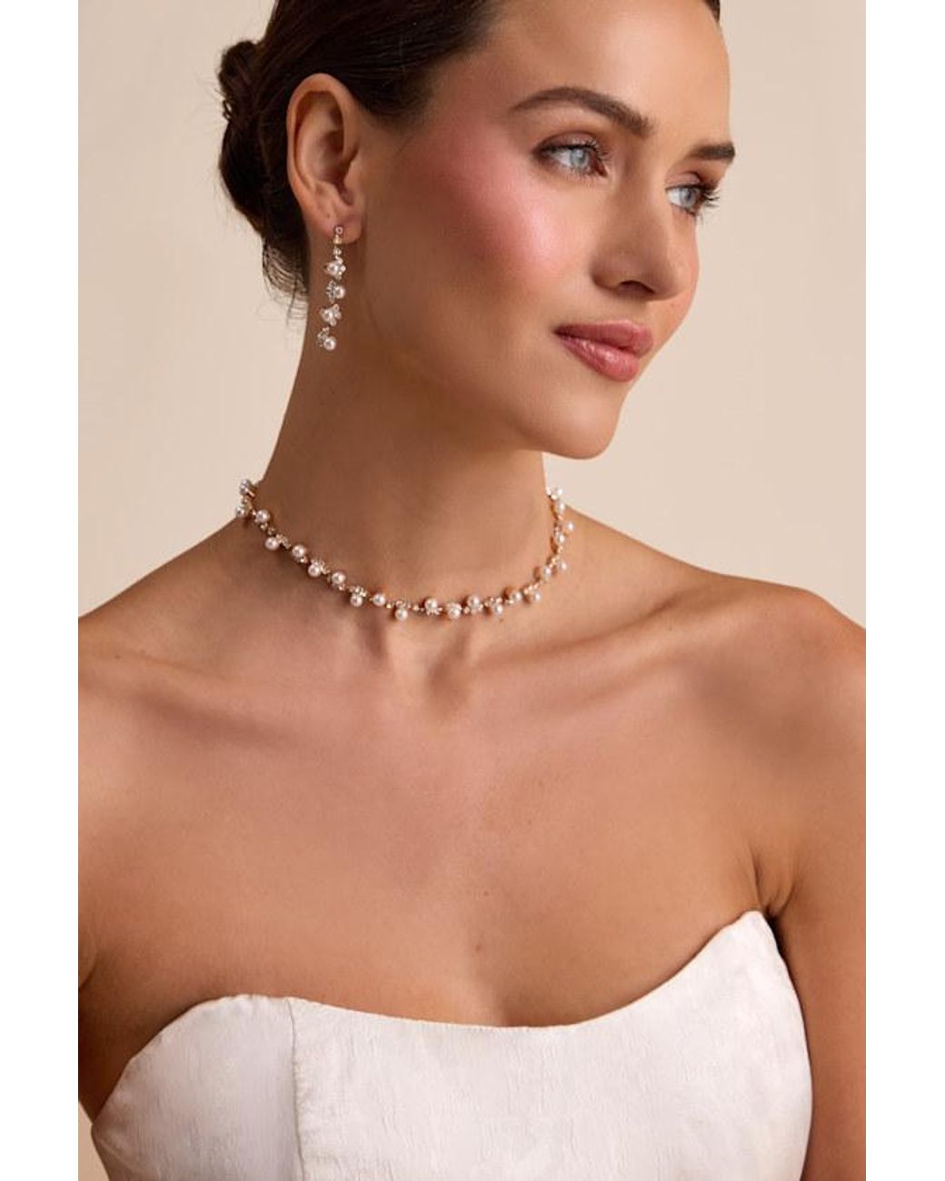 Lulus Natural Haleema Pearl Rhinestone Necklace And Earring Set