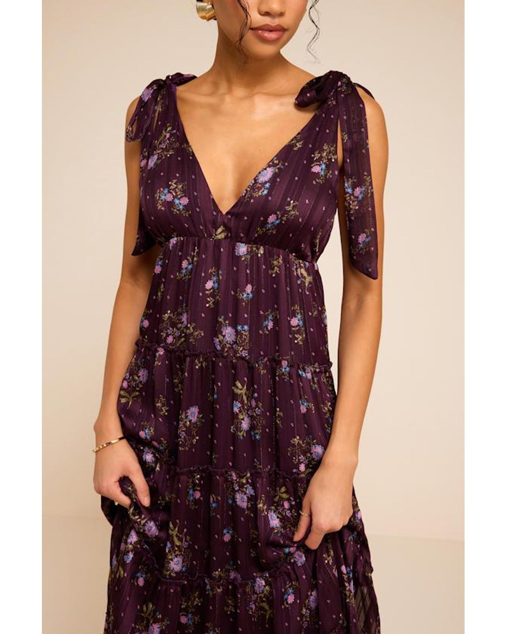 Lulus Purple Daylin Plum Floral Tie-Strap Midi Dress