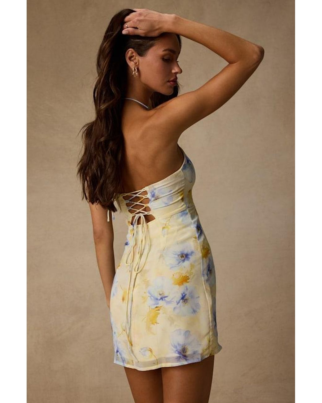 Lulus Natural Catch The Bouquet Floral Halter Lace-Up Mini Dress